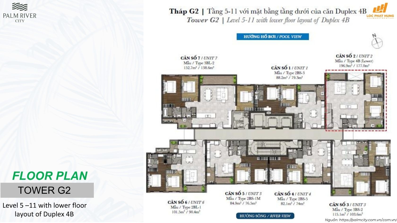 layout thiết kế chi tiết các loại căn hộ từ 1PN đến 3PN tại dự án Palm River Quận 2