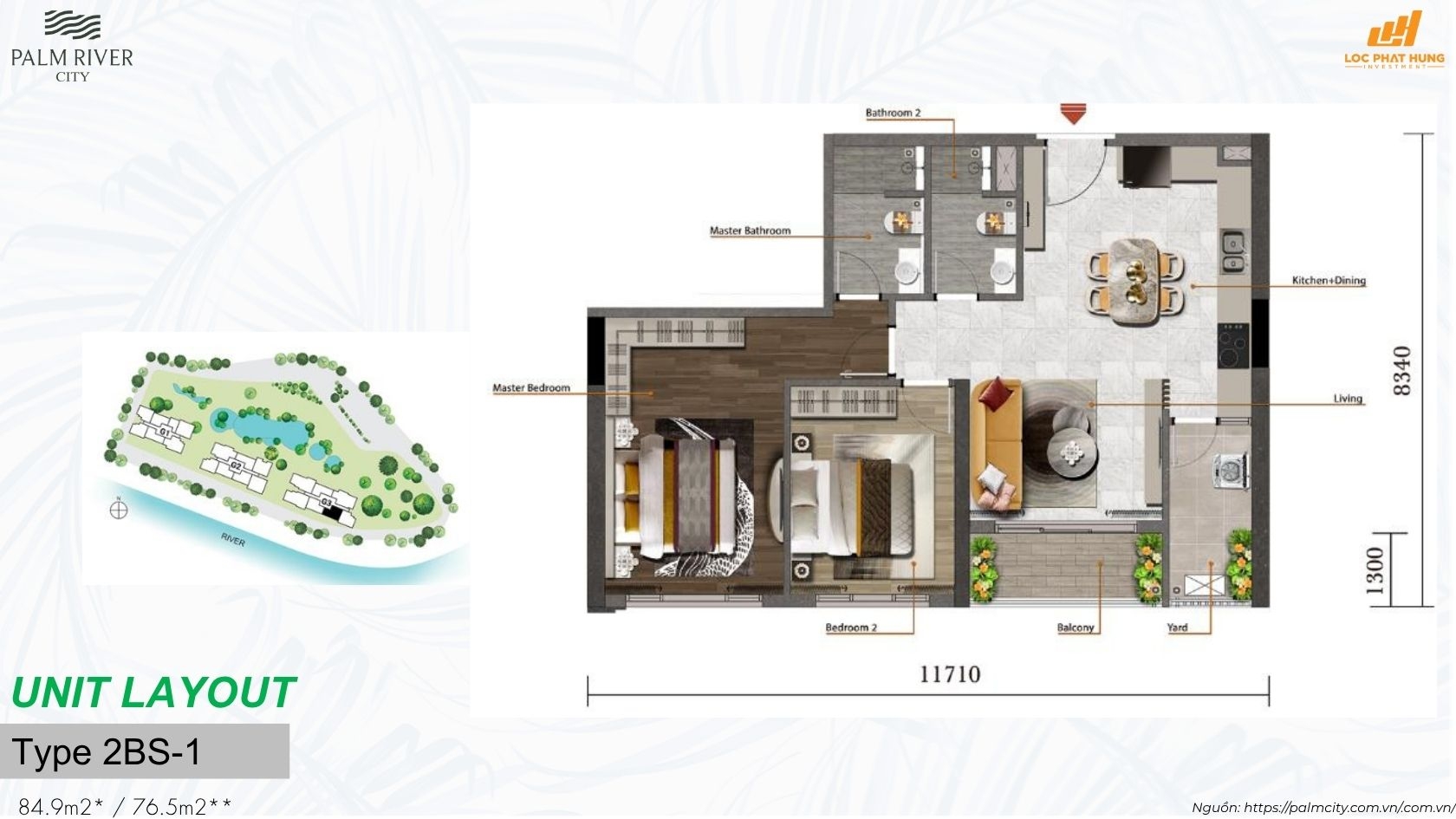 layout thiết kế chi tiết các loại căn hộ từ 1PN đến 3PN tại dự án Palm River Quận 2
