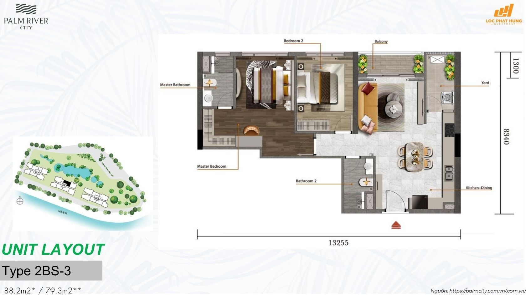 layout thiết kế chi tiết các loại căn hộ từ 1PN đến 3PN tại dự án Palm River Quận 2