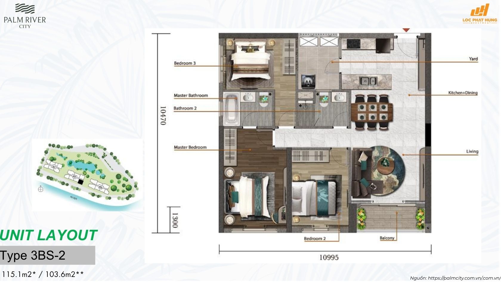 layout thiết kế chi tiết các loại căn hộ từ 1PN đến 3PN tại dự án Palm River Quận 2