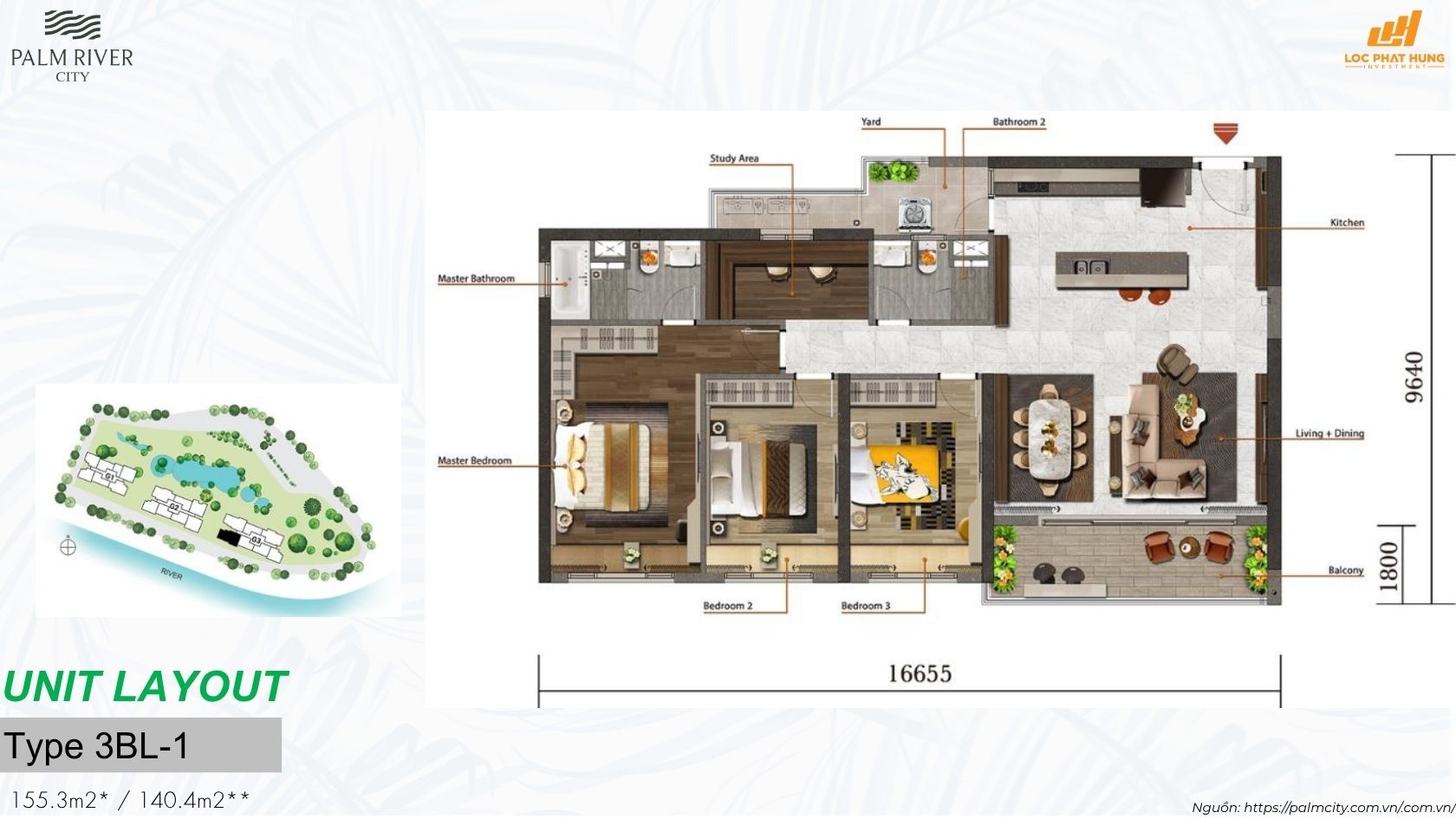layout thiết kế chi tiết các loại căn hộ từ 1PN đến 3PN tại dự án Palm River Quận 2