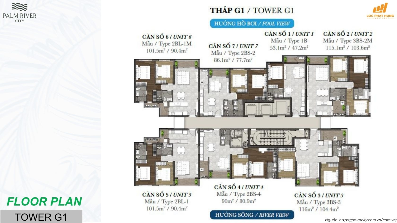 layout thiết kế chi tiết các loại căn hộ từ 1PN đến 3PN tại dự án Palm River Quận 2